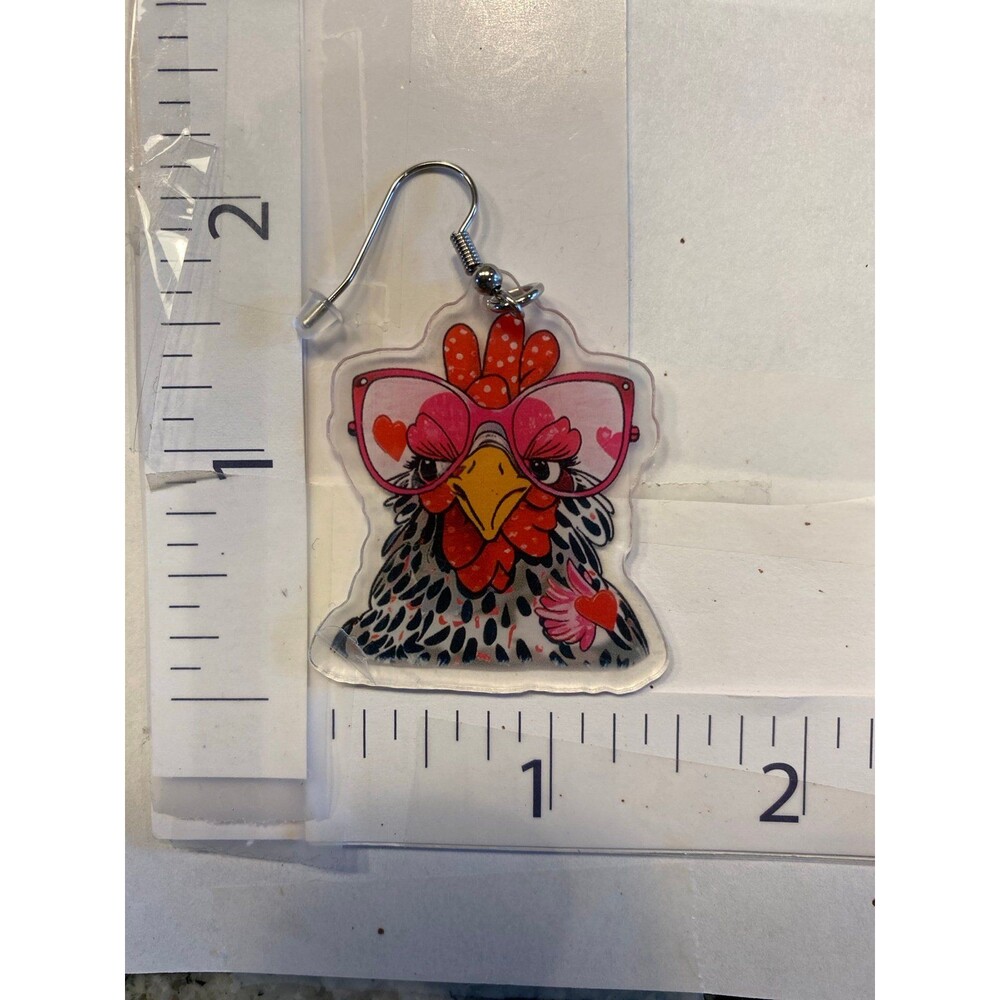 Earrings Chicken Rooster Wearing Glasses‎ Whimsical Bird Dangle Jewelry Cartoon - Picture 4 of 4